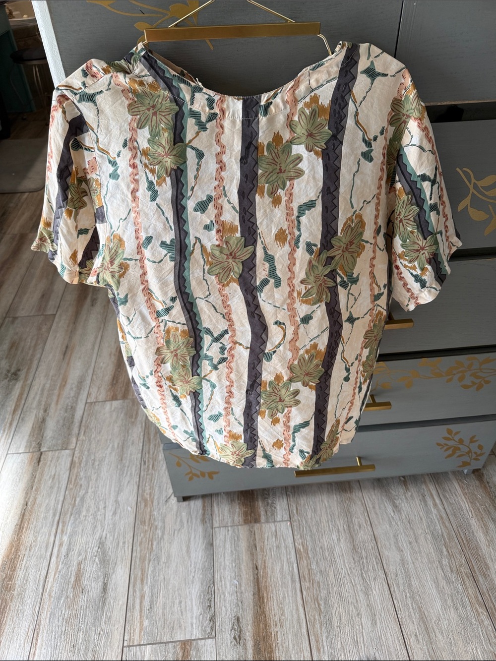Oscar de la Renta Cream Floral Stripe Short Sleeve Blouse